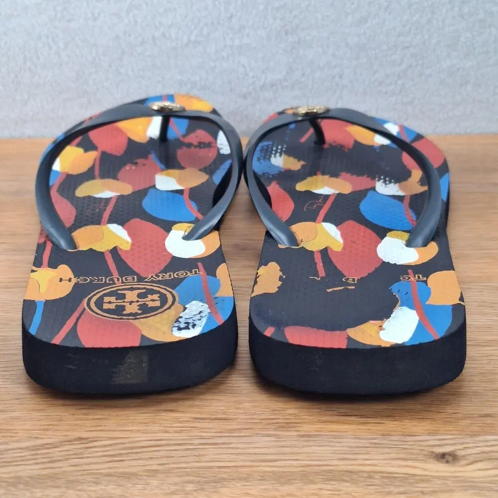 Tory Burch Women's 11 Thin Flip Flops Navy Blue Floral Print Logo Thongs Sandals